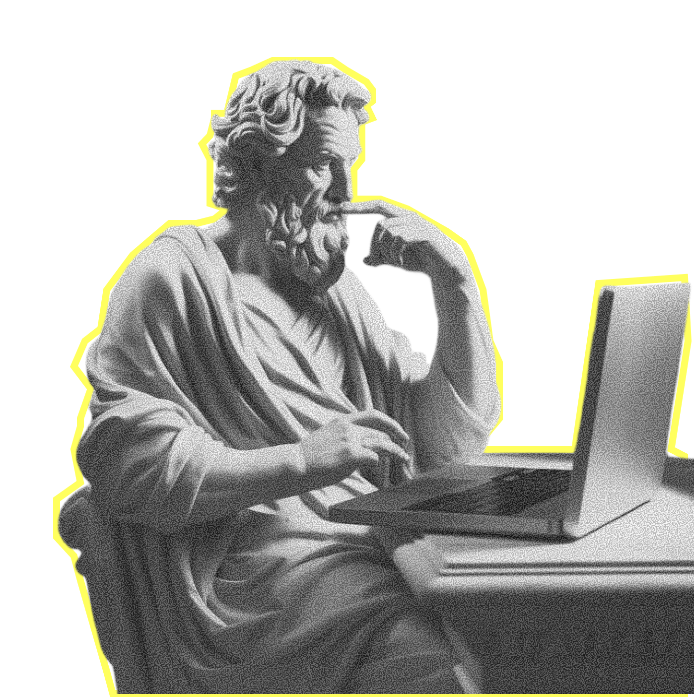 Klassisk statue ved en laptop